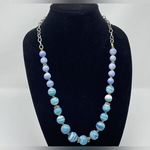 Ann Taylor LOFT Silver Tone Blue Glass Marble Bead Rhinestone Strand Necklace